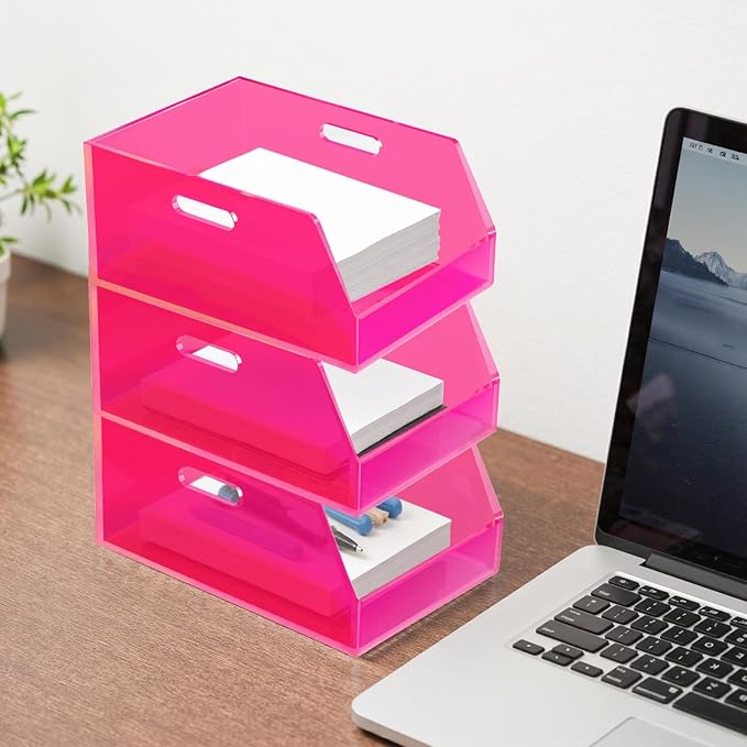 Gelite Stackable Storage Bins Open Front Organizer Bins with Handles Acrylic Storage Container for Pantry Kitchen Cabinet Bathroom Closet Office Organization, 15.4x11.4x6.7'', Neon Pink