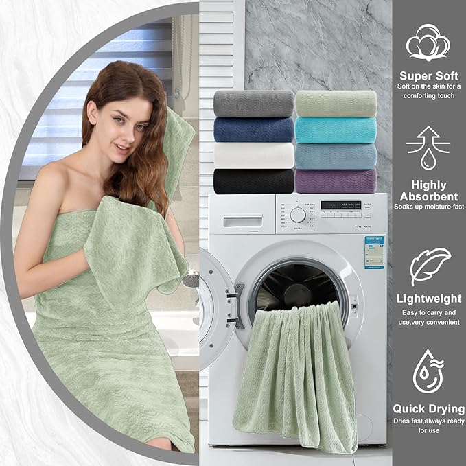 8 Piece Bath Towel Set Green — 2 Oversized Large Bath Sheet,2 Hand Towels,4 Washcloths — Ultra Soft Cozy Bath Towel Set for Bathroom Hotel Gym Spa,Highly Absorbent & Quick Dry Bathroom Towel Collections