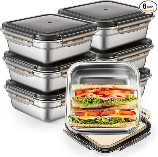 6 Pack Stainless Steel Sandwich Containers with Lids 25.4 oz Metal Food Container for Lunch Boxes with Airtight Silicone Seal for Sandwiches and Snacks(Black)