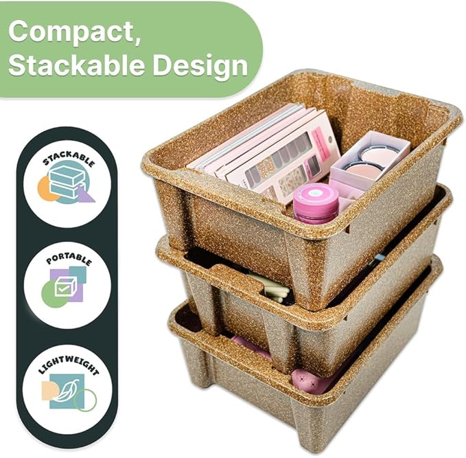Best Kept Cupboard Organizers And Storage | Plastic Tray Wood-Like Texture| Bathroom Essentials | Skincare Organizer | Facial Care Product Storage Bin | Stackables Dark Brown 3-Piece Organizer Set