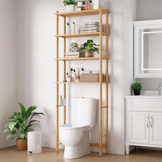Kitsure Over Toilet Storage Rack - Bamboo Over Toilet Bathroom Organizer Shelf, Over the Toilet Storage Cabinet with Paper Holder, Bathroom Cabinet for Laundry, Natural, 4 Tiers (75.3" H)