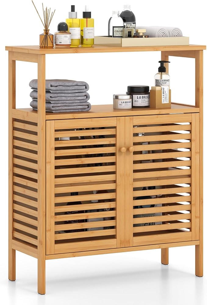 Tangkula Bamboo Floor Cabinet, Bathroom Storage Cabinet with Double Slatted Doors, Open Shelf, Removable Shelf, Storage Organizer for Bathroom Doorway Living Room Kitchen