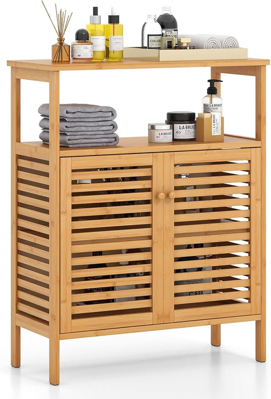 Tangkula Bamboo Floor Cabinet, Bathroom Storage Cabinet with Double Slatted Doors, Open Shelf, Removable Shelf, Storage Organizer for Bathroom Doorway Living Room Kitchen