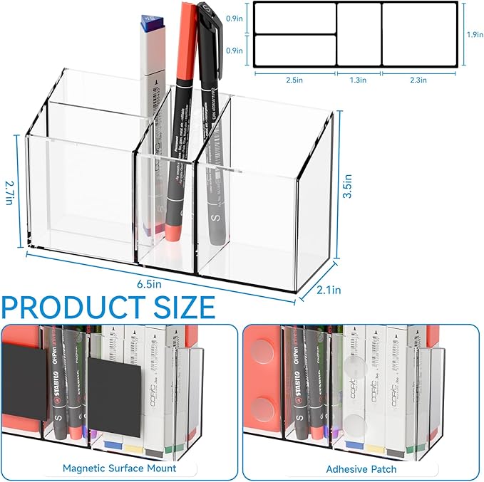 Yieach Magnetic Whiteboard Marker Holder - And With Adhesive for Wall- Non Slip Acrylic Expo Magnetic Cup for Dry Erase Markers,4 Compartment Clear Magnet Pen Holder for Fridge,Classroom Organizer,1Pc
