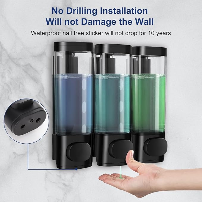 6pcs Shampoo and Conditioner Dispenser No Drill Shower soap Dispenser Wall Mounted 3 Chamber for Bathroom, Kitchen,Hotel Pumps are Easy to use No leaks (Black)