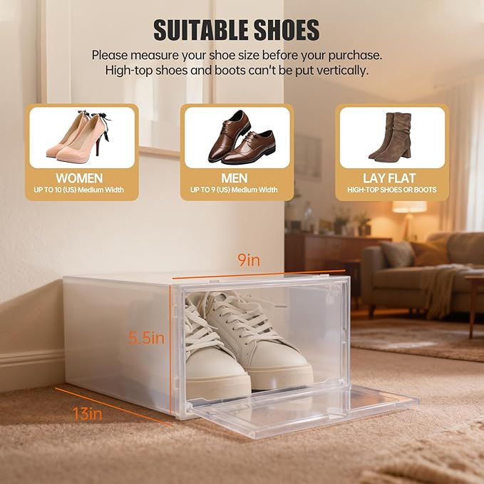 20-Pack Stackable Clear Shoe Storage Boxes, Foldable Shoe Organizer with Flip Doors & Heart Handles, Space-Saving Shoe Box Storage for Closet, Easy Access, Fits Up to US Size 10/9