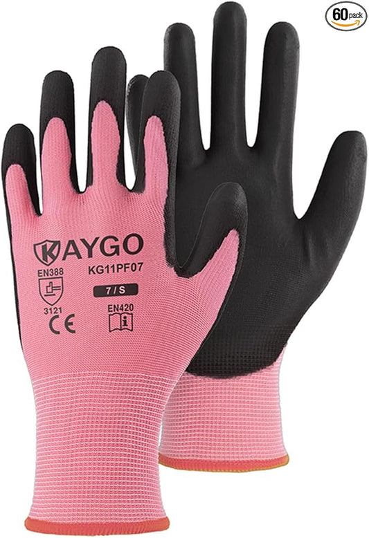 KAYGO Work Gloves for Men and Women,60 Pairs Seamless Knit PU Coated Safety Gloves, with Smooth Grip on Palm and Fingers, Ideal for Light Warehouse, Manufacturing, Gardening, KG11P (S,Pink)