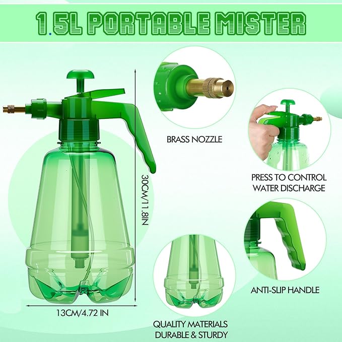 2 Pcs 1.5 Liter Misters Spray Pump Bottle with Full Neoprene Jacket and Built in Carrying Strap Garden Plant Mister Spray Bottle for Spring Personal Cooling Plants Watering (Green)