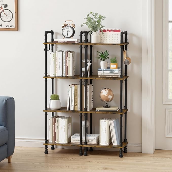 Aduanbang 4-Tier Industrial Pipe Ladder Shelf, Vintage Style Bookshelf, Freestanding Storage Rack Organizer for Living Room, Bedroom, Kitchen (Brown(4-Tier))