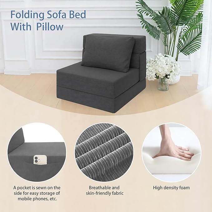 Sofa Bed Foldable Mattress ，Folding Sleeper Sofa Chair Bed Floor Mattress with Pillow for Living Room Home Office (Dark Gray -Corduroy, Single)