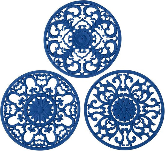 Extra Thick Silicone Trivet Mat for Hot Dishes, Hot Pots and Pans, Pot Holder, Hot Pad to Portect Your Table and Countertop, Kitchen Decor and Accessories,Navy Blue, Set of 3