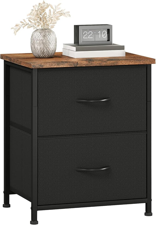 Somdot Nightstand, Small Dresser for Bedroom with 2 Drawers, Bedside Table Night Stand End Table with Fabric Bins for Bedroom Kids Closet Dorm Guest Room, Black Rustic Brown