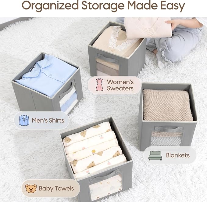 Foldable Storage Cubes - Cubby Storage Organizer with Window, 11 Inch Baskets for Organizing, Collapsible Fabric Storage Cubes for Shelves, Closet, 10 Pack, Grey