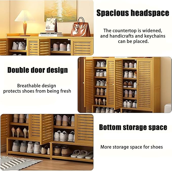 Bamboo Shoe Cabinet, 36-40 Pairs 8 Tier Shoe Rack with Doors, Freestangding Shoe Cabinet Organizer with Shelves, 43" Tall Shoe Rack Organizer for Entryway, Closet, Hallway