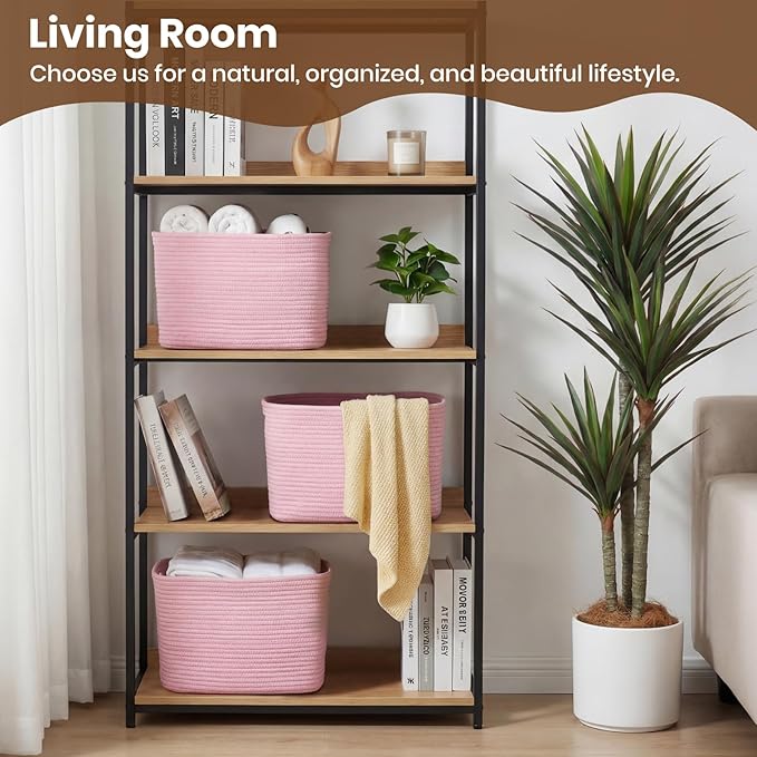Storage Baskets for Organizing, 14 x 10 x 9” Closet Shelf Woven Baskets, Square Bins with Handles, Cotton Rope Basket for Toys, Clothes, Office, Room, Pink 1 Pack