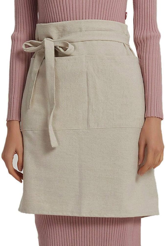 Cityelf Linen Server Apron Cotton Bistro Half Apron with Large Pockets Waist Kitchen Apron for Cooking Waitress