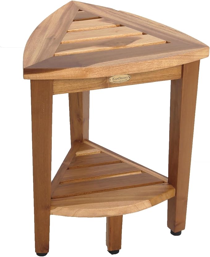EcoDecors Snazzy Corner Waterproof Teak Wood Shower Bench Stool Seat Chair For Inside Shower Provides Safety, Storage, and Organization For Bathroom Accessories