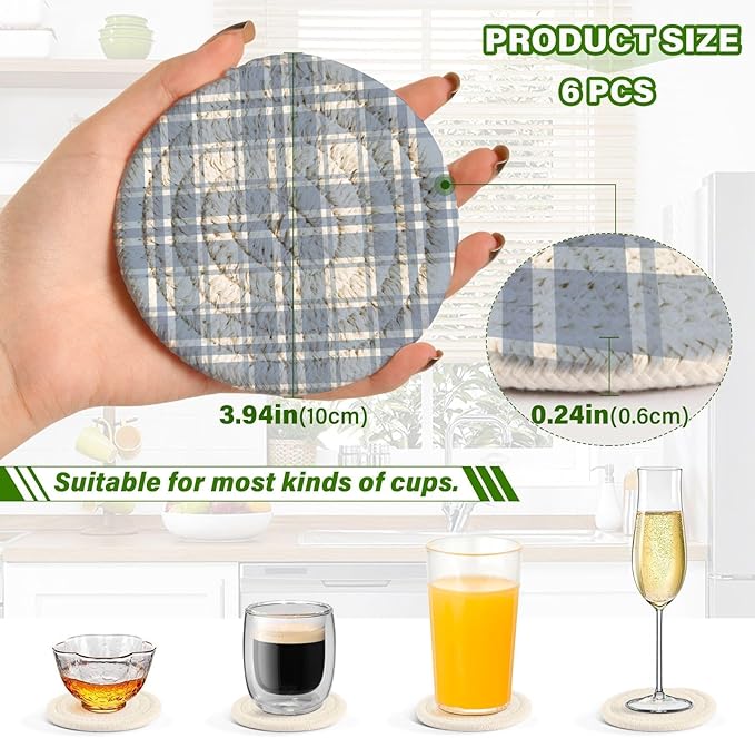 Minimalist Home Decor for Coffee Table, Kitchen, Drink Coasters, Light Blue Plaid Tartan Handmade Cotton Absorbent Coaster Set of 6, Housewarming and Wedding Registry Ideas