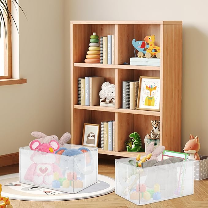 6 Pack Storage Baskets for Shelves, Closet Storage Bins Shelves Decorative Collapsible Baskets with Handles Clear Plastic Closet Organizers for Organizing Shelves Wardrobe Office Clothing Books