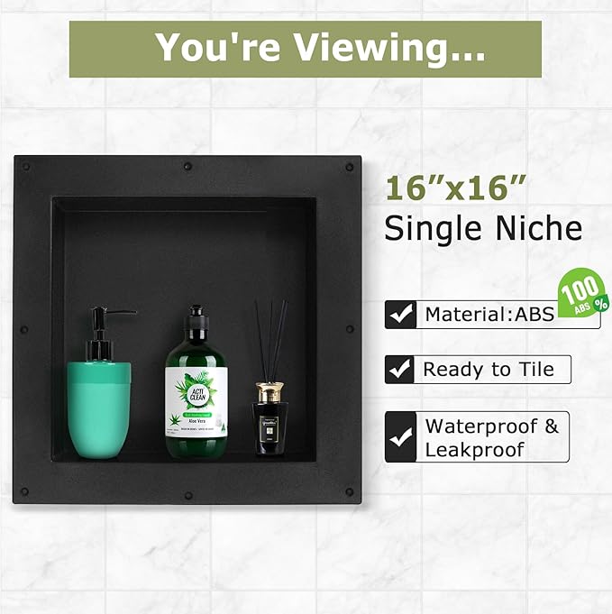 Suteck 16" x 16" Shower Niche Ready for Tile,Single Shelf Square Niches, Niche for Showers Bathroom Storage, Recessed Wall Box