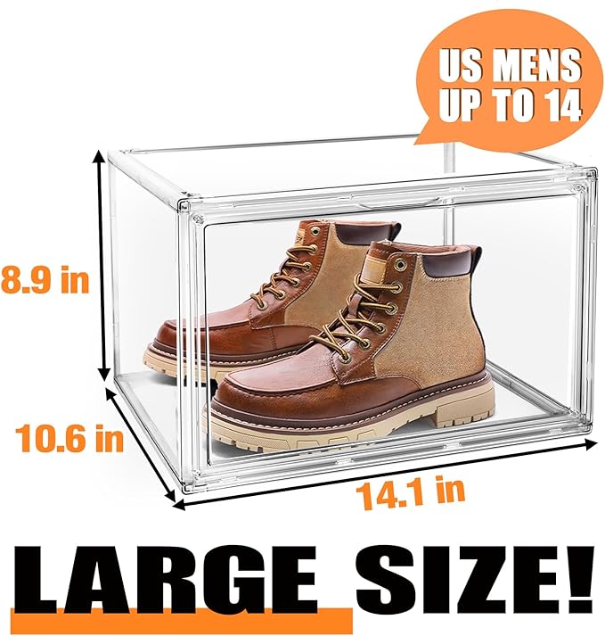 Clear Shoe Storage Boxes Stackable Size 14, Large Acrylic Shoe Box Sneaker Display Case for Sneakerheads Boot Handbag Purse Figure Collectibles Showcase, 1 Pack