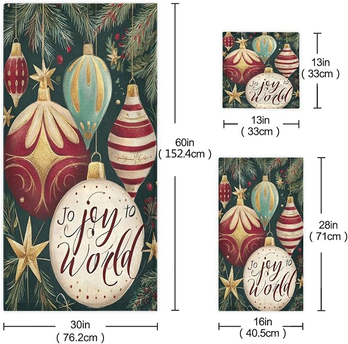 Christmas Winter Towels Set of 3 Holly Ball Ornament Joy Bathroom Towel Soft Absorbent Bath Hand Towels Washcloth Guest Towel Sets Xmas Holiday Decor