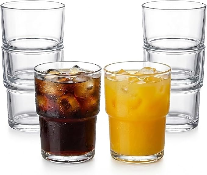 Stackable Drinking Glasses Set of 6 - 13oz Clear Glass Tumblers
