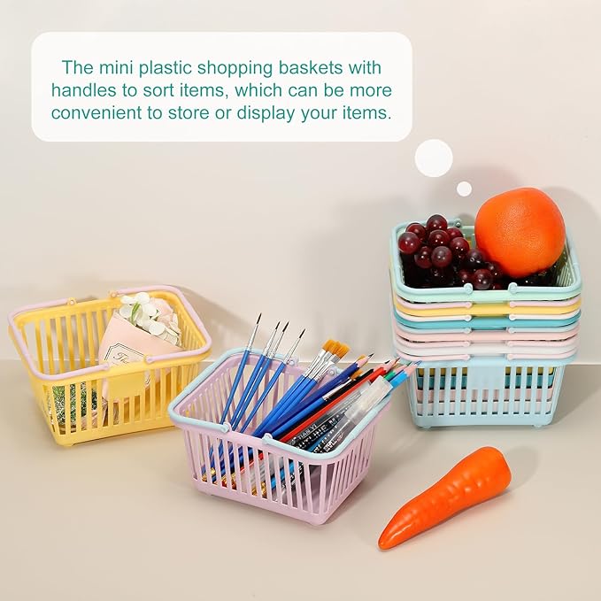 PATIKIL 8PCS Small Plastic Basket,Mini Storage Basket Grocery Tiny Shopping Baskets with Handle Organizer Filtered Water for Organizing Toys Fruits Veggies Snacks, Yellow
