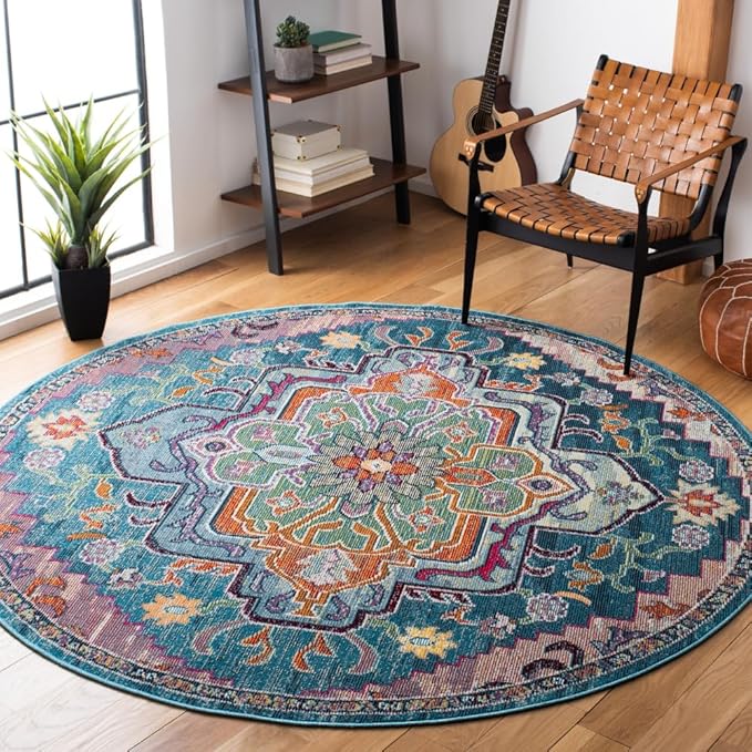 SAFAVIEH Crystal Collection Area Rug - 7' Round, Teal & Rose, Medallion Distressed Design, Non-Shedding & Easy Care, Ideal for High Traffic Areas in Living Room, Bedroom (CRS501T)