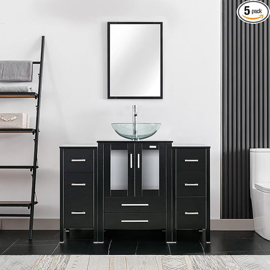 eclife 48" Modern Bathroom Vanity Sink Combo Freestanding Cabinet with Small Side Cabinet, Clear Round Glass Vessel Sink, Water Save Faucet, Drain (Black+A16)