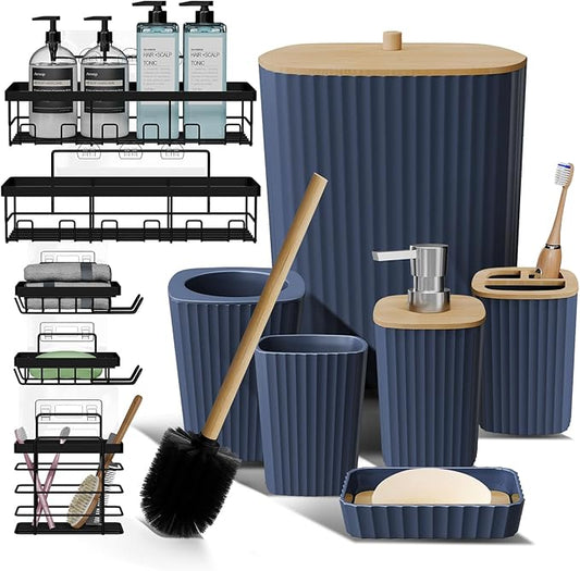 Clara Clark Bathroom Set - Navy Blue Bathroom Accessories Set, 6PC Bathroom Accessory Set, Bathroom Sets with Adhesive Corner Shower Caddy Hanging, Toilet Brush, Trash Can & Soap Dispenser