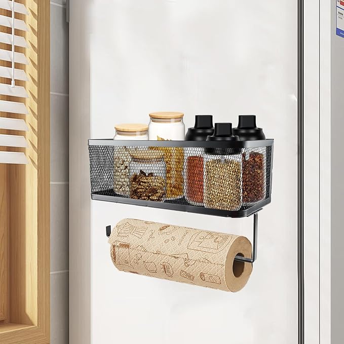 2 Tier Magnetic Paper Towel Holder Wall Mount for Fridge,Metal Mesh Magnetic Spice Rack with Paper Towel Rack Storage Organizer Refrigerators Shelf,No Drilling Removable for Kitchen,Bathroom