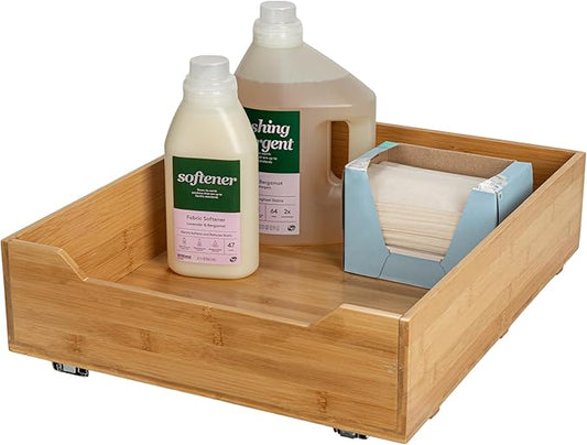 Household Essentials Glidez Bamboo and Steel Pull-Out/Slide-Out Storage Organizer for Under Cabinet Use - 1-Tier Design - Fits Standard Size Cabinet or Shelf, Natural