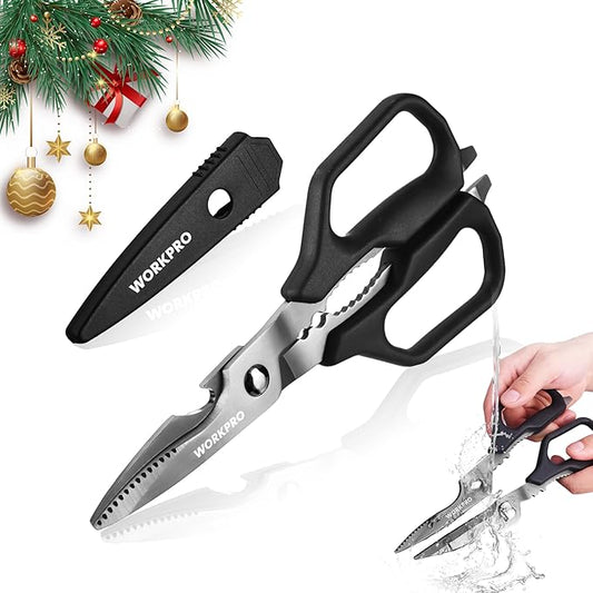WORKPRO Kitchen Scissors, All Purpose Kitchen Shears with Detachable Titanium Coated Blades for Easy Cleaning, Heavy Duty Scissors for Meat, Fish, Nuts, Vegetables, Protective Cover Included