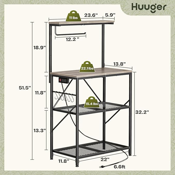 Huuger 4-Tier Bakers Rack with Reversible Power Outlet, 23.6 Inch Microwave Stand with Paper Towel Holder, Kitchen Bar, Larger Storage with Top Shelf, 6 S Hooks, Greige