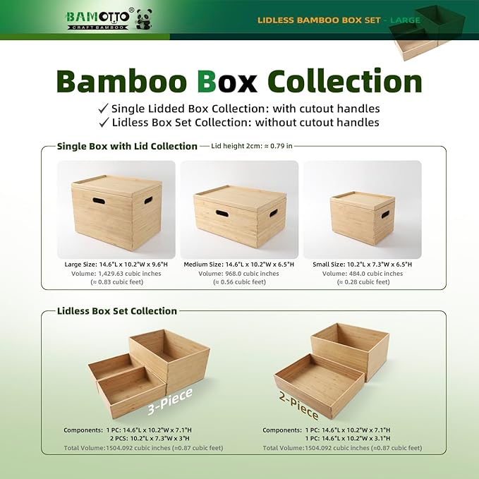 3-Piece Large Bamboo Storage Box Set - 7.1in High Stackable Deep-Drawer Organizer, Lidless Bamboo Bin for Kitchen Cutlery Utensils Knives (14.6"x10.2"x7.1"*1 + 10.2"x7.3"x3"*2)