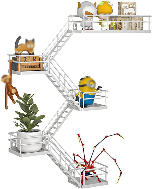 Fire Escape Shelf - 5 Tier Metal White Fire Escape Wall Shelves with Baskets, New York Action Figurine Display Shelf, Unique Rustic Floating Decorative Wall Shelves for Any Room
