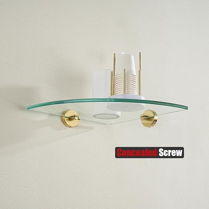 JQK Corner Glass Shelf 10.67 Inch, Brushed Gold Bathroom 304 Stainless Steel Shower Triangle Floating Wall Shelf Tempered Glass, 3 Pack TGS190L10-BG-P3