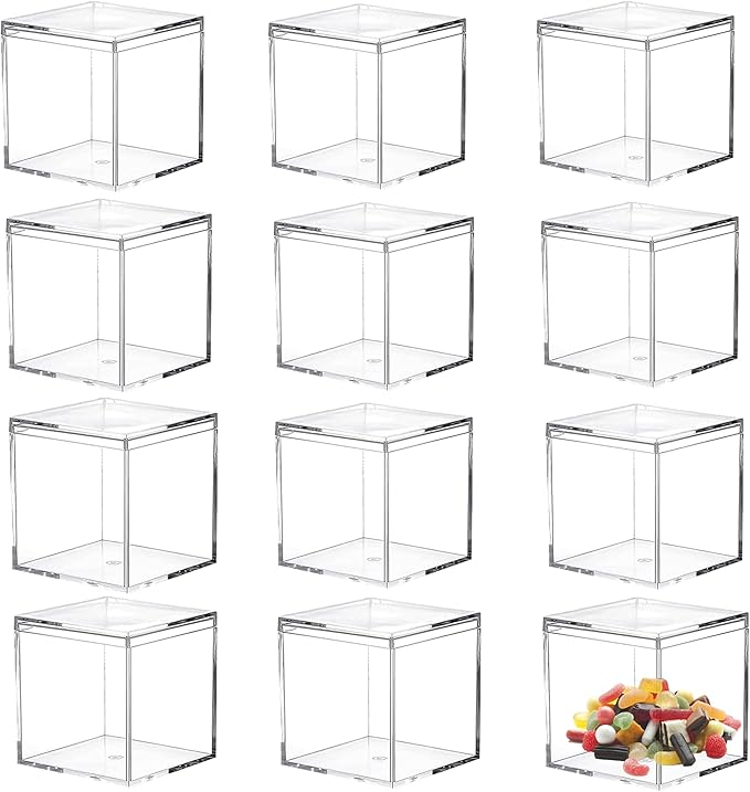 Small Acrylic Box with Lid 12 Pack Clear Acrylic Square Cube Containers Plastic Storage Box for Birthday Valentine's Day Party Favor Candy Pill and Tiny Jewelry Boxes