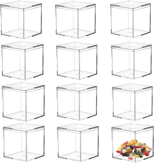 Small Acrylic Box with Lid 12 Pack Clear Acrylic Square Cube Containers Plastic Storage Box for Birthday Valentine's Day Party Favor Candy Pill and Tiny Jewelry Boxes