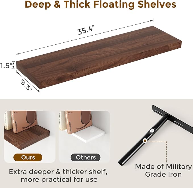 Fun Memories Floating Shelves for Wall, 36 x 9.3 Large Floating Shelf Wall Mounted Set of 2, Rustic Wood Shelves for Bathroom, Kitchen, Living, Heavy-Duty Storage Deep Shelf for Books, Decor, Walnut