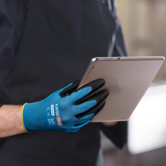 Work Gloves PU Coated for Men and Women, 12 Pairs Safety Work Gloves with Two Fingers Touchscreen, Breathable and Lightweight,Ideal for Light Warehouse, Manufacturing, Gardening, KG12P (XL, Blue)
