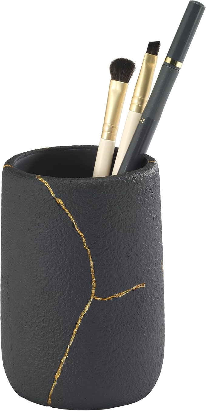 Nicole Miller - Bathroom Set, 4pc Resin Countertop Accessories, Dorm Room Essentials (Sydney Collection, Black/Gold)