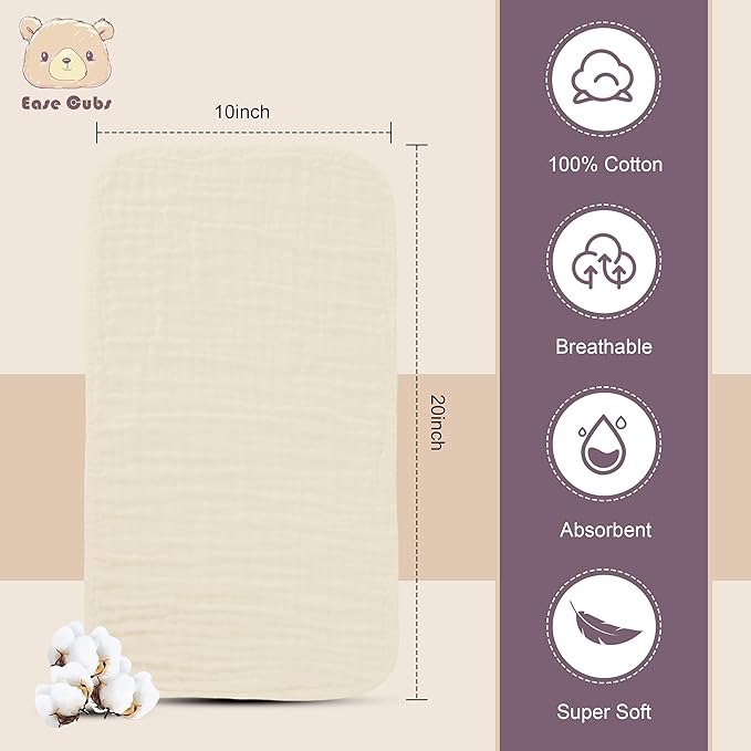 Muslin Burp Cloths Large 100% Cotton Hand Washcloths for Boys & Girls, Baby Essentials Extra Absorbent and Soft Burping Rags for Newborn Registry (Ivory, 12-Pack, 20" X10")