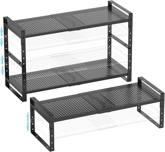 Expandable Shoe Rack Stackable Metal Pantry Storage Shelves Stand Adjustable Height Cabinet Shelf Organizer Racks Spice Shelving(3PACKS/BLACK,LARGE)