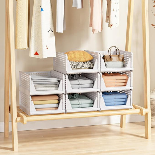 5 Pack Stackable Closet Storage Basket - Stackable Storage Bins, Multifunctional & Foldable Closet Organizer Waterproof, Wardrobe Cupboard Space-Saving Hat Storage Drawer Organizer, White