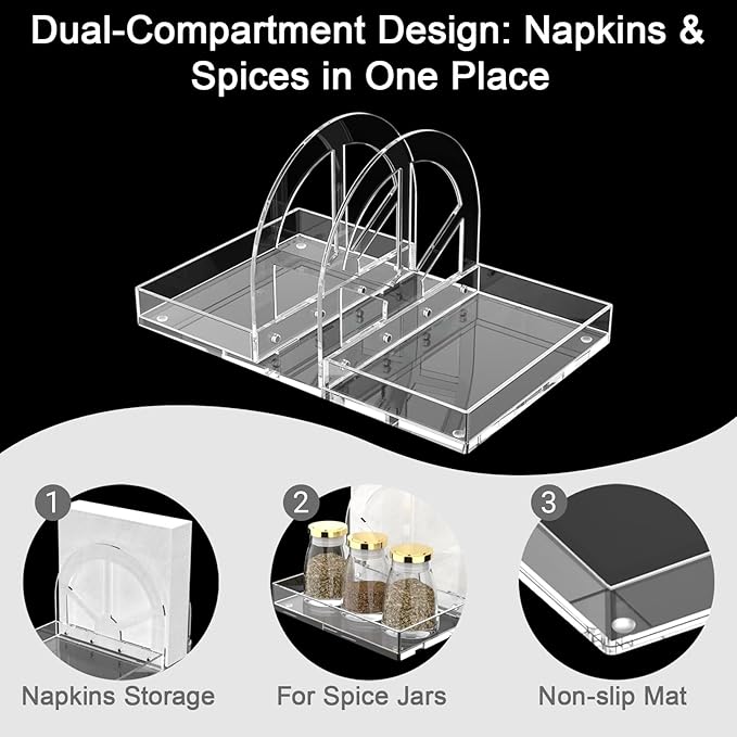 Acrylic Napkin Holder with Magnetic Assembly, Clear Space-Saving Napkin Dispenser & Salt Pepper Shakers Caddy, Modern Organizer for Kitchen Counter, Dining Table, Small Spaces, Office or Party（Large）
