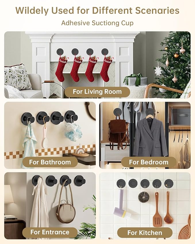Suction Cup Hooks for Shower, Suction Cup Hooks for Door Wreaths, Robe Towel Hooks Heavy Duty for Bathroom Hanging, Windows, Kitchen, Glass, Mirror, No Drilling, 6 Pack (Black)