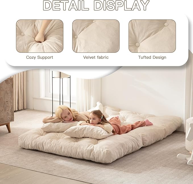 Folding Sofa Bed, Convertible Sleeper Chair with Pillow Foldable Mattress with Back Support, Portable Fold Out Chair Bed Comfy Floor Sofa Lounge for Living Room Bedroom, Beige Full 80x54 Inch