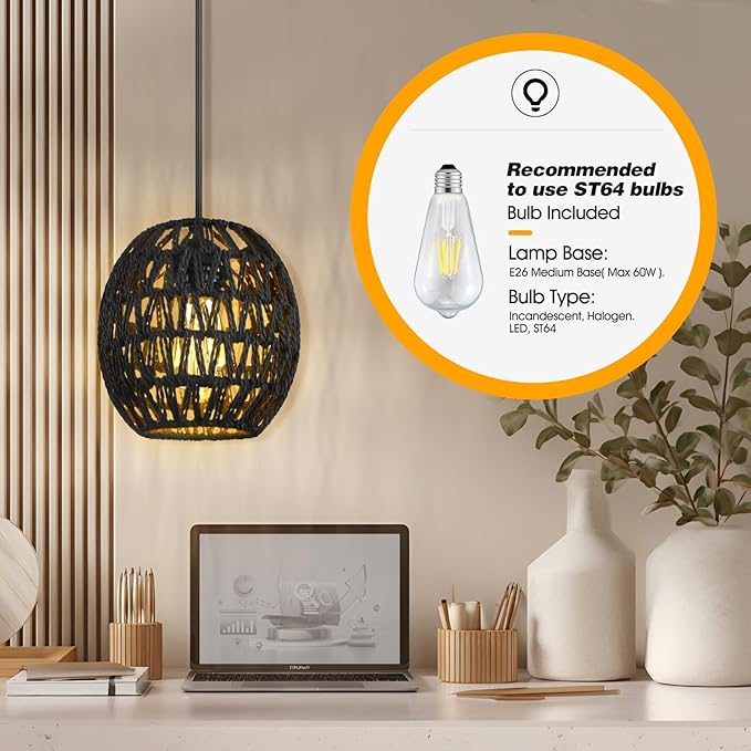 SLYYMY Plug in Pendant Light, 15FT Hemp Rope Cord, Hanging Lamps Rattan Pendant Light, On/Off Switch Hanging Lights for Bedroom Living Kitchen Black